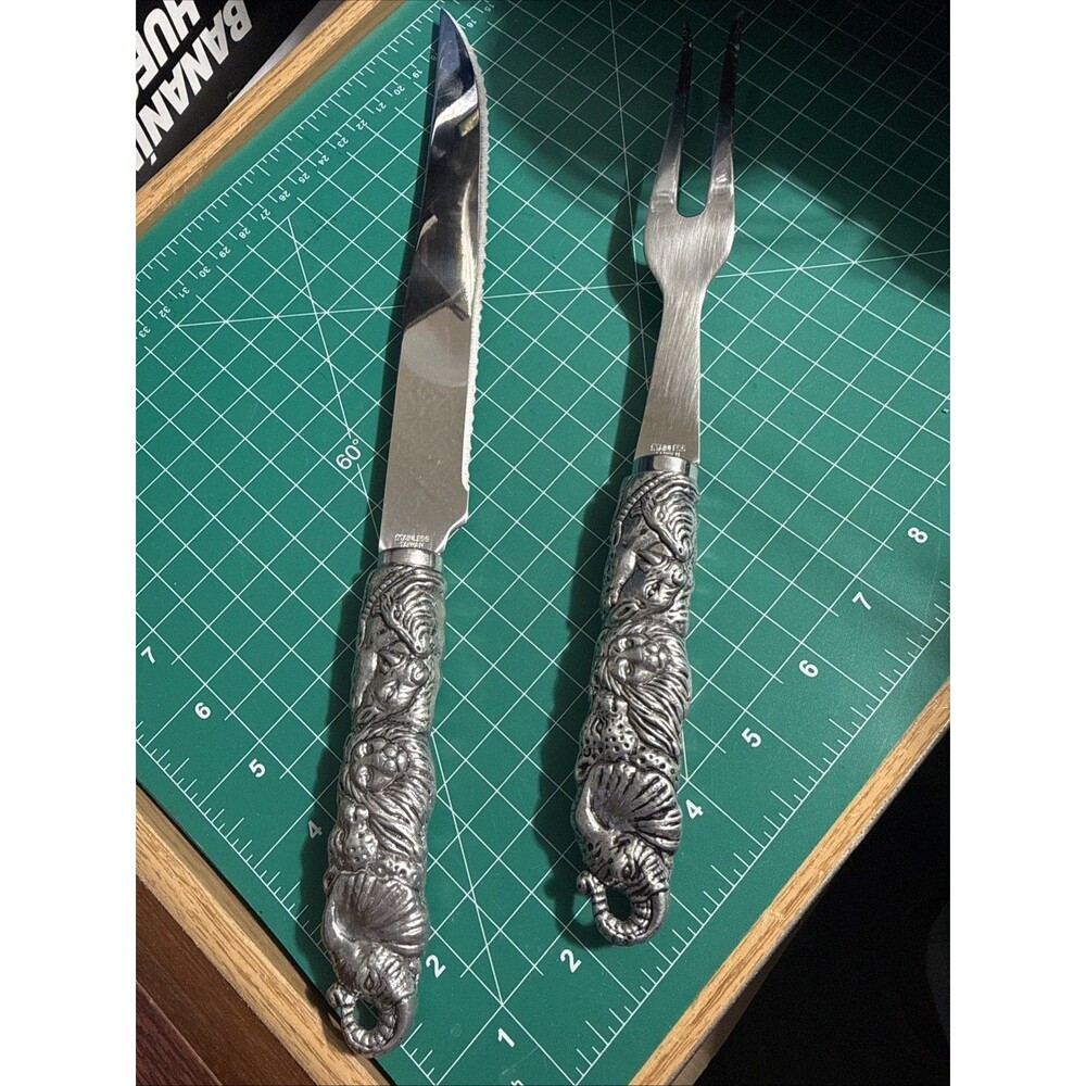 Vintage Safari Carving Knife Fork Set Animal Handle Taiwan Lodge Decoration!
